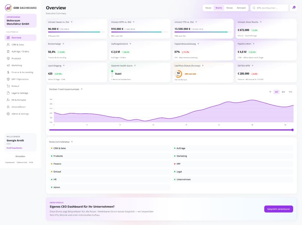 CEO Dashboard: Übersicht mit Kennzahlen und Diagrammen