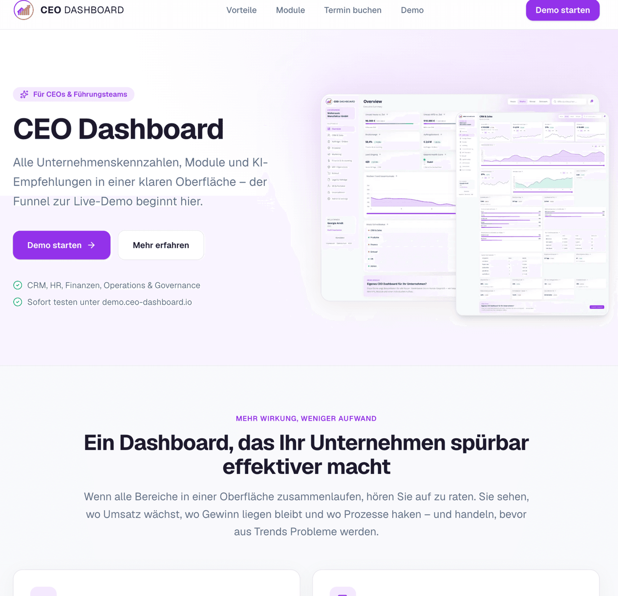 Screenshot Unternehmensdashboard, Kennzahlen für Unternehmer